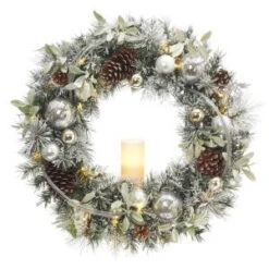 30 In. Battery Operated Snowy Silver Pine Artificial Wreath With 30 Clear LED Lights And LED Candle-2258330HD 206005412