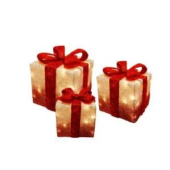Alpine White Christmas Presents With Red Bow And Lights (Set Of 3)-CRX102A-WT 206212939