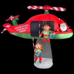 Gemmy 114.17 In. D X 57.09 In. W X 96.85 In. H Animated Inflatable Santa And Elves In Helicopter Scene-39426 206997639