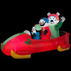 Gemmy 83.86 In. W X 37.01 In. D X 42.91 In. H Animated Inflatable Bobsled Team Penguin, Snowman And Teddy Bear-88259X 205469618