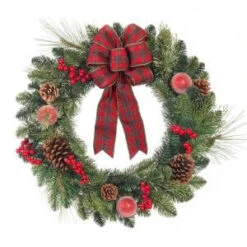 Home Accents Holiday 24 In. Artificial Pine Wreath With Red Plaid Bow-2323320HD 206954455