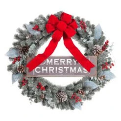 Home Accents Holiday 30 In. Snowy Pine Artificial Wreath With Merry Christmas Sign And Red Bow-2321270HD 206771256