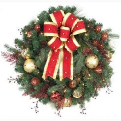 Home Accents Holiday 32 In. LED Pre-Lit Hilltop Artificial Christmas Wreath With Ribbon, Baubles And 50 Battery-Operated Warm-White Lights-CHZH1761699THY 206771212