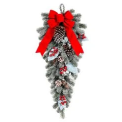 Home Accents Holiday 32 In. Snowy Pine Teardrop With Pinecones Berries And Red Velvet Bow-2321050HD 206771264