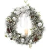 Home Accents Holiday 36 In. Battery Operated Snowy Silver Pine Artificial Wreath With 40 Clear LED Lights And LED Candle-2258080HD 205915137 -Christmas Decoration Store home accents holiday 36 in. battery operated snowy silver pine artificial wreath with 4