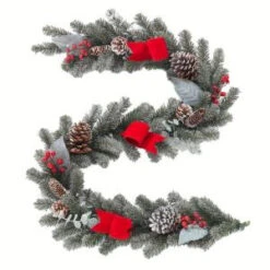 Home Accents Holiday 6 Ft. Snowy Pine Garland With Pinecones, Berries And Red Velvet Bow-2321040HD 206771244