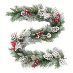 Home Accents Holiday 6 Ft. Snowy Pine Garland With Pinecones, Berries And Striped Bow-2320710HD 206771252