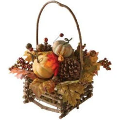 Home Decorators Collection Green Harvest 16 In. Autumn Basket With Pumpkin, Gourd And Maple Leaf-9748300730 300134212