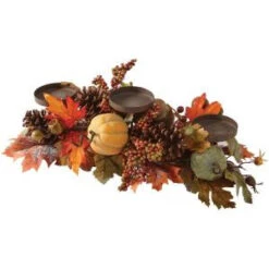 Home Decorators Collection Green Harvest 6 In. Candle Holder With Pumpkin, Gourd And Maple Leaf-9748600730 300134214