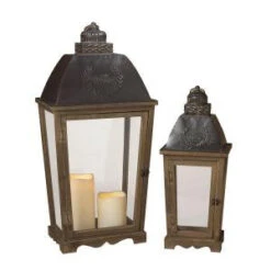 Metal And Wood Welcome Lantern (Set Of 2)-2000428 206576201