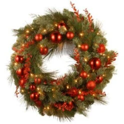 National Tree Company Decorative Collection Christmas Red Mixed 24 In. Artificial Wreath With Battery Operated Warm White LED Lights-DC13-159-24WB-1 300182809