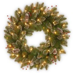 National Tree Company Glittery Mountain Spruce 24 In. Artificial Wreath With Battery Operated Warm White LED Lights-GLM1-300-24W-B1 300182871