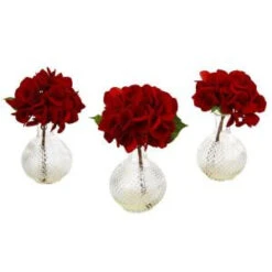 Nearly Natural 12 In. Red Hydrangea With Glass Vase (Set Of 3)-4895-S3 206585527