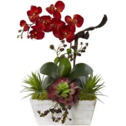 Nearly Natural 21 In. Seasonal Orchid And Succulent Garden With White Wash Planter-1418-AT 206733614