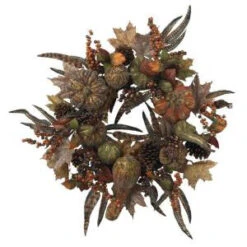 Nearly Natural 28 In. Artificial Wreath With Autumn Pumpkins, Berries, And Feathers-4907 202510749